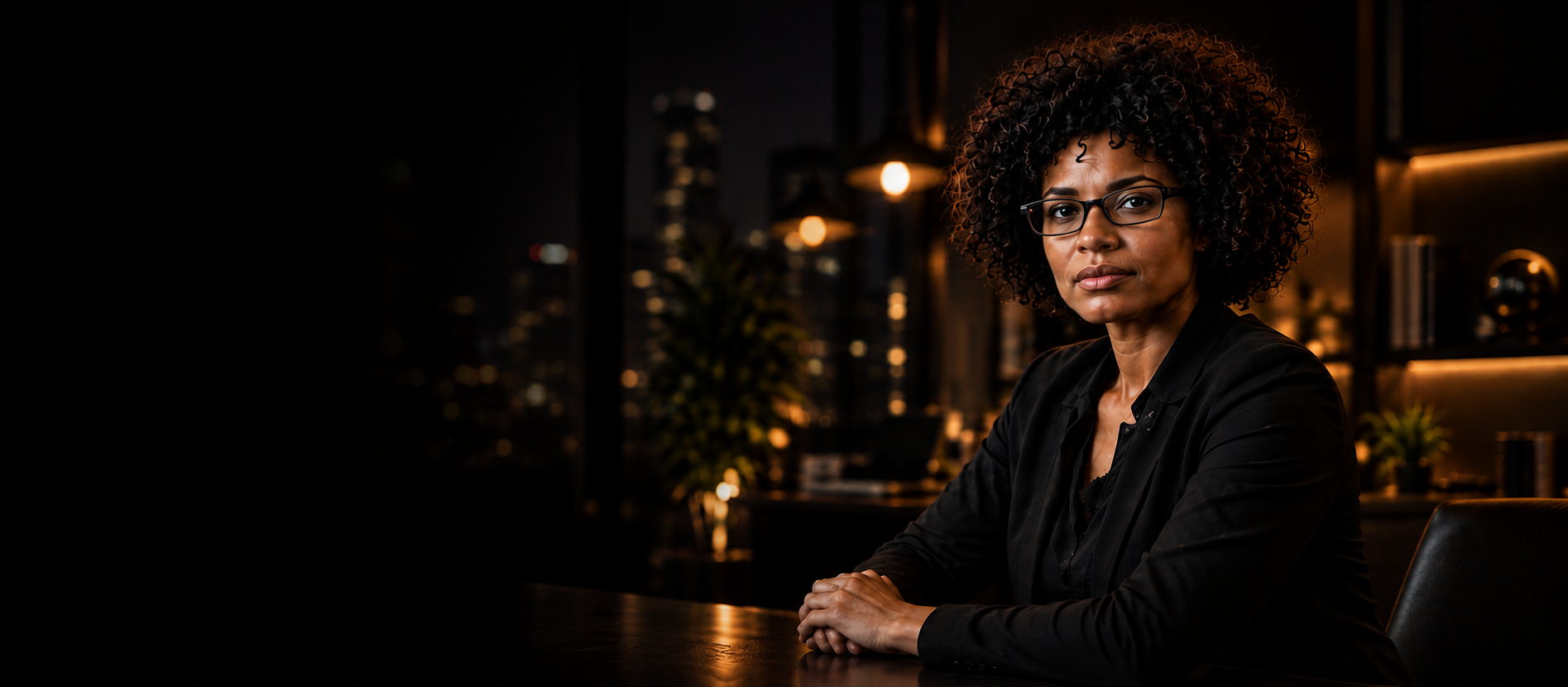Black professional woman in a cinematic executive office at night